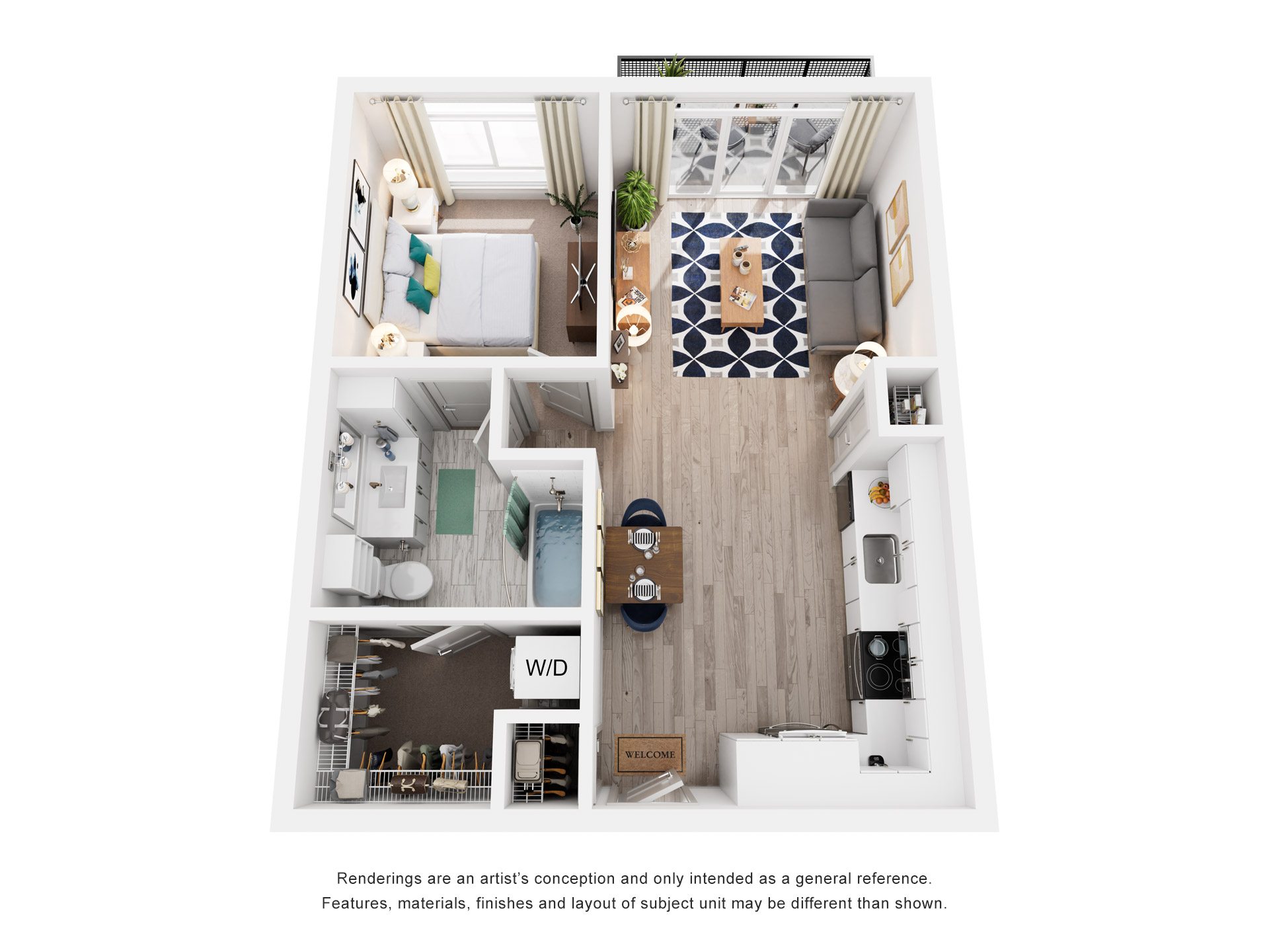 Floor plan for 1 bed, 1 bath, 731 sqft